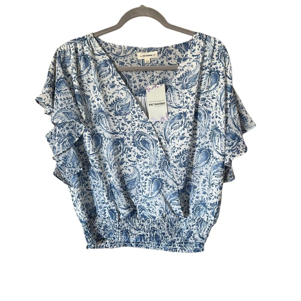 ee:some Blue/White Floral Paisley Top Ruffled Sleeves Smocked Waistband